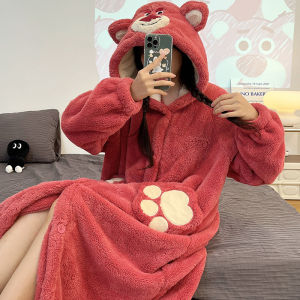 Thickened Long Coral Fleece Robe Womens Winter Sleepwear Flannel Pajamas Sweet Style Embroidered Design Youth Size for Autumn Winter