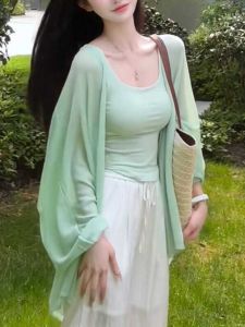 Lightweight Loose Ice Silk Knitted Cardigan Womens Summer Long Sleeve Sweet Style Air Conditioning Shawl Versatile Outerwear