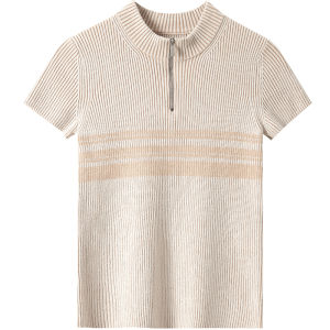 SOLWEIGE Cotton Blend Short Sleeve Knitted Shirt Zipper Collar Striped Three Bars Color Block Womens Fashion Summer Top