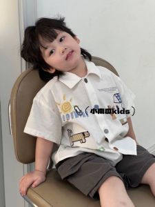 Boys Short Sleeve Shirt Summer Childrens Fashionable White Half Sleeve Shirt Cartoon Fun Childrens Clothing Trendy Top