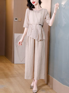 Ice Silk Linen Set Women Summer New Casual Wide Leg Pants Top Two Piece Set Mom Clothes Cotton Polyester Blend round Neck