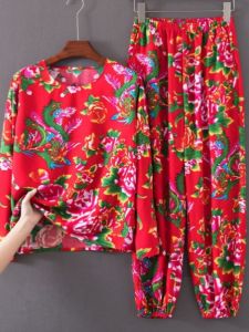 ชุดนอนผู้หญิงฤดูใบไม้ผลิและฤดูร้อนแฟชั่นผ้าลายดอกไม้ขนาดใหญ่บางสำหรับใส่กลางแจ้งและนอนในบ้าน