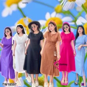 แม็กซี่เดรส ยาว งานผ้าทอลายสีพื้น ผ่าหน้า, TW18597