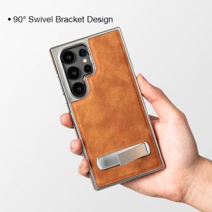 Sanptoch Luxury Leather Invisible Stand Phone Case For Samsung Galaxy S25 S24 S23 S22 Ultra Plus Plating TPU Edge+ Premium Leather Skin-friendly Back Cover For Galaxy S25+ Ultra Metal Holder Protection Casing