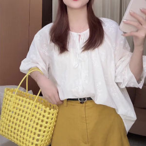 SHUAIYUE | Áo Sơ Mi Cổ Kéo Hoa Văn Thêu Retro Pháp Tay Bồng
