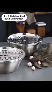 ✅100% Original Smilee 3pcs/set Stainless Steel Basin 3 in1 Multifunctional Thickening Grater /Drain /Solid Basin