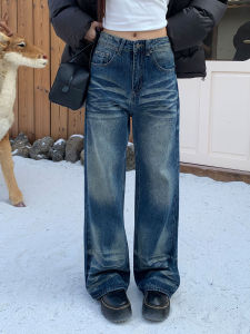 American Retro Washed Cat Jeans Womens Loose Straight Leg Pants Autumn Design Sense Casual Style Natural Waist Pocket