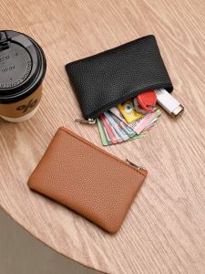 Genuine Leather Short Wallet Womens Coin Purse Mini Key Holder Handbag Simple Stylish Compact Money Bag Youth Zipper Closure