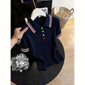 Shalldoer | Áo Thun Knit Tay Ngắn Cổ Đối Chiếu Sọc Xám