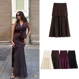 ETJ 2025 spring new  womens elegant fashion same color splicing small pleated hem high waist knit skirt