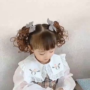 Kids 2pc wig hairpin Bow Baby Girl Braid Curly Full Head Hair set Wig Short curly Princess hair clip accessories