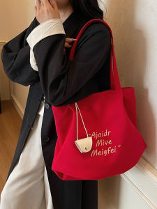 Red Canvas Tote Bag Commuter Letter Print Large Capacity Canvas Bag Womens Handbag Single Shoulder Bag for Work And Travel