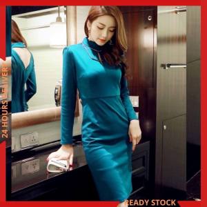 CFBOUTIQUE Korean Style Women Fashion Elegant High Neck Long Sleeve Midi Dinner Dress