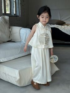 New Chinese Style Childrens Summer Outfit with Button Back Vest And Wide Leg Pants Girls Fashionable Two Piece Set High Quality