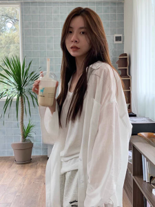 Spring Summer Womens Loose Long Sleeve Open Cardigan Sun Protection Shirt Thin Outerwear Shirt Lazy Style Top Casual Shirt