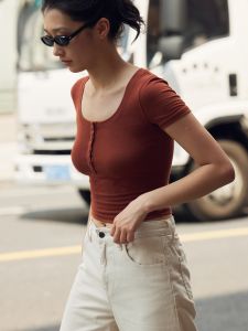 Konikoni Texture Sense Henry Sports Short Sleeve Knitwear round Neck Soft Bottoming Shirt Silm Stretch Tops T