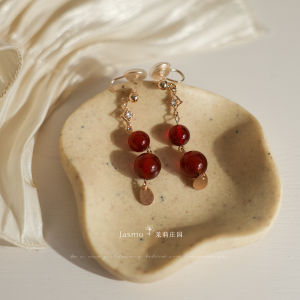 Red Agate Earrings Original Design Window Flower Silhouette Chinese Style for Women Vintage Hook Clasp Fashionable Jewelry