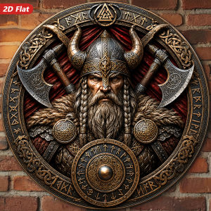 2D Vintage Metal Wall Sign Viking Shield & Axe Decor Nordic Style Round Plaque Indoor Outdoor Rustic Art for Living Room Bedr