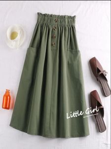 Summer 2025 Slimming Solid Color Elastic Waist Loose Casual Midi Length Workwear Mini Skirt for Women Trendy High Waist A-Line Skirt