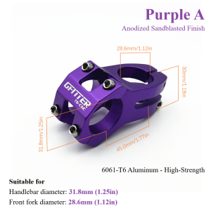 1pc Purple 31.8×28.6mm Aluminum Alloy Bike Stem for MTB/BMX/DH/Trail Riding Etc. Anodized Available in Sandblasted & Glossy