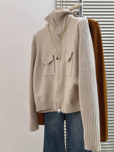 QINGNAER | Retro Lazy Style Easy-match Almond Color High-waist Knit Coat