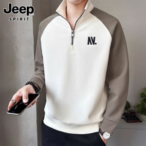 Jeep Spirit Mens Zip-Up Hoodie Long Sleeve Stand Collar Casual Print High End Leisure T-Shirt for Autumn Winter Streetwear
