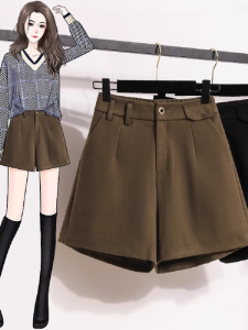 Brand Discount Womens Clothing Fall and Winter Plus Size Ladies Slim Looking Casual Pants Plus Size A- line Outerwear Boot Pants High Waist Woolen Shorts Women