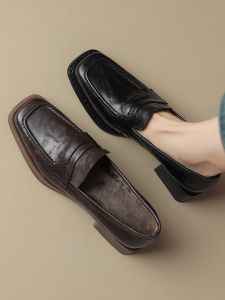 French Style Authentic Leather Square Toe Chunky Heel Loafers Female 2024 Fall and Winter Vintage Leather Shoes British Style Fleece-lined Comfortable Shoes