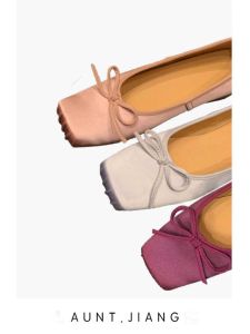 New Chinese Style Ballet Flats Purple Satin Flat Bottom Square Head Butterfly Knot Pig Nose Ballet Shoes Fashionable Casual Shoes