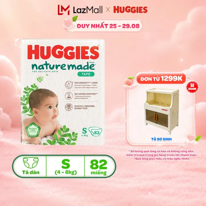 Tã/Bỉm dán Huggies NatureMade NB60/S82/M64/L54/XL44