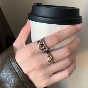 Nicedays🍒Cincin Pembuka Batu Mata Harimau Cincin Ceruk Wanita Desain Khusus Cincin Jari Telunjuk Cincin Retro