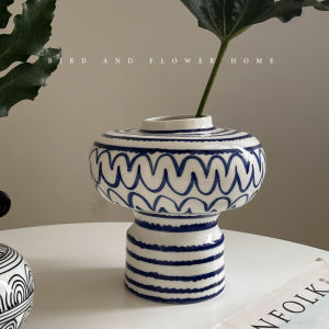 Artistic Wave Stripe Ceramic Lantern Vase Home Decorative Item Tabletop Flower Holder French Style Decor for Living Room