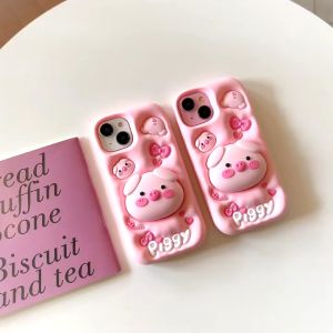 3D telescopic bracket cute pink pig silicone case for iPhone 11 12 13 14 15 Pro Max casing Anti drop silicone soft cover