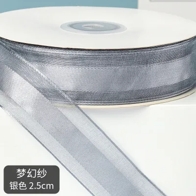 ริบบิ้นผ้าชีฟองขอบทอง2.5ซม. ริบบิ้นดอกไม้ริบบิ้นโบว์ DIY ริบบิ้นกล่องของขวัญเค้กริบบิ้นหลากสีสำหรับห่อช่อดอกไม้