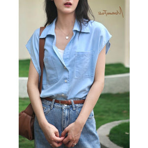 Hong Kong Style Retro Denim Vest Lightweight Cotton Shirt Top Womens Summer New All-Match Commute Korean Style Sleeveless Shirt