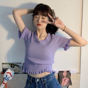 Summer New Style Short Sleeve V-Neck Knitted Top with Wood Grain Edge Anti-Uv Face Scarf Mask Korean Version Youthful Design