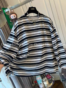 plus Size Long Sleeve V-Neck Striped T-Shirt Women Loose Fit Inner Wear Casual Comfortable Spring Autumn New Style 2025