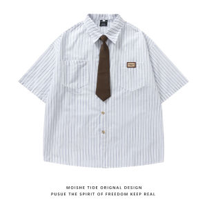 เสื้อเชิ้ตแขนสั้นทรงหลวมสไตล์วินเทจสำหรับผู้ชาย MOISHE TIDE ทรงหลวมสบาย ๆ สำหรับฤดูร้อน ผ้าฝ้าย ไม่ต้องรีด