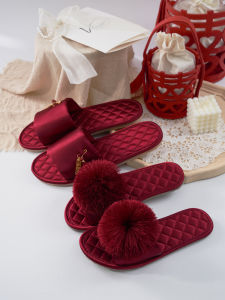 Red Wedding Slippers Couple Style Photography Shoes Home Comfort Rubber Sole All Season Use Embroidered Design Bridal Slippers