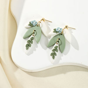 Cute 3D Handmade Flower Leaf Polymer Clay Drop Earrings Collision Color Green Blue Leaf Dangle Earrings for Women Jewelry Gifts