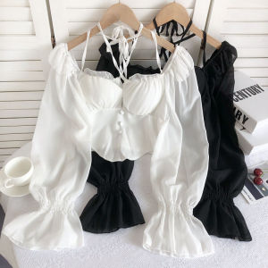 Elegant Womens Blouse with One-Word Collar Horn Sleeves and Chest Pad 2022 Autumn New Style Slim Fit Chiffon Top