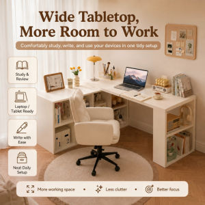 Global Study Table 360° Movable L-Shaped book Table Large Capacity Bookcase integrated Dressing