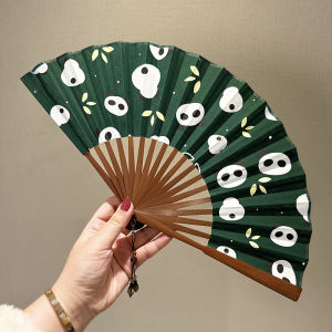 Zhi Mo Original Retro Cartoon Panda Hedgehog Squirrel Fan Cooling Fan Green Beige Cotton Linen Material Handmade Bamboo Bone