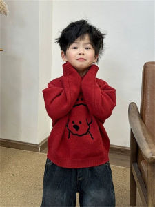 Cartoon Kids Knitted Sweater New Year Spring New Arrival Red Festive Wear Long Sleeve Warm round Neck Thickened Base Layer Top