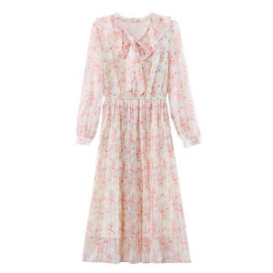 ชุดเดรสผ้าชีฟองพิมพ์ลายดอกไม้เอวสูงแขนยาวทรงเอ กระโปรงจีบลายดอกไม้ ชุดทำงานฤดูใบไม้ร่วง 2024 สำหรับผู้หญิง