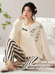 MiiOW | New Chinese Style Womens Sleepwear Long Sleeve Hooded Pure Cotton Spring Summer Home Clothes Set Comfortable Lightweight Casual