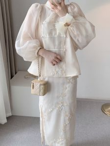 ชุดเดรสจีนฤดูร้อน ชุดกระโปรงผู้หญิง กระโปรงทรงเอ กระดุม สไตล์ใหม่ แขนสั้น คอวี กระโปรงยาวปานกลาง เสื้อผ้าทำงาน