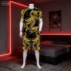 กีฬาสูทฤดูร้อนแขนสั้นเสื้อยืดกางเกงขาสั้นรุ่นเกาหลีเทรนด์ยี่ห้อมังกรรูปแบบบวกขนาดสองชิ้น ผู้ชายสบาย ๆ