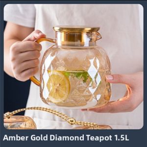 Amber Hammered Glass Water Pitcher Stainless Steel Lid Large Capacity