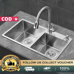 Kitchen Sink 304 Stainless Steel Silver Double Sink 3.0mm Thickness Large Capacity Household Vegetable Washing Basin Optional Faucet